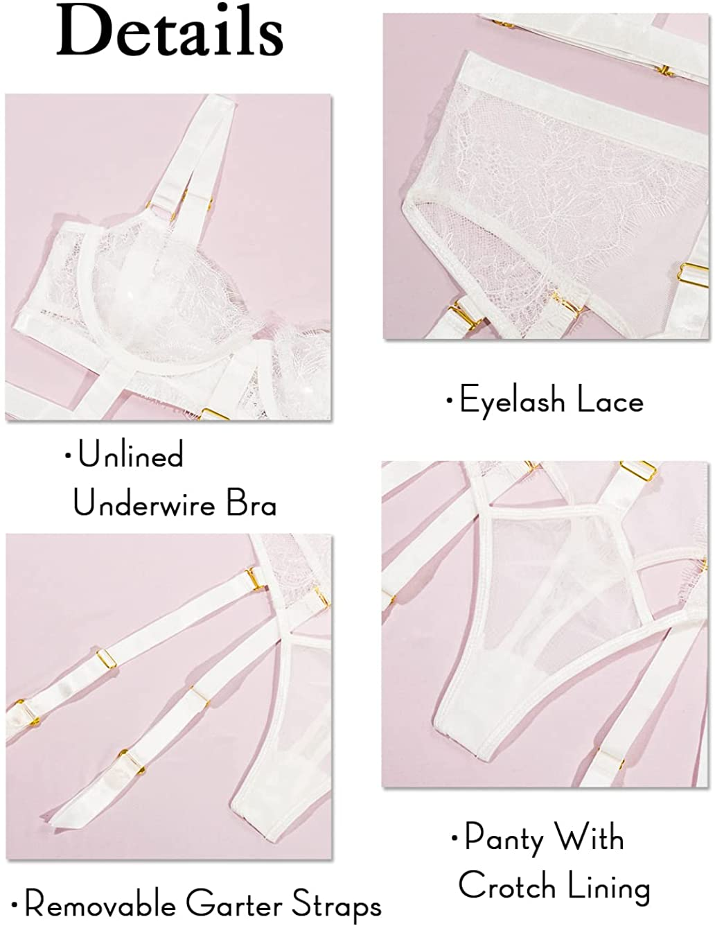 Kaei&Shi Floral Lace Sheer,Unlined Underwire Bra,Cheeky Panty,Garter Lingerie Set Apparel & Accessories > Clothing > Underwear & Socks > Lingerie Kaei&Shi   