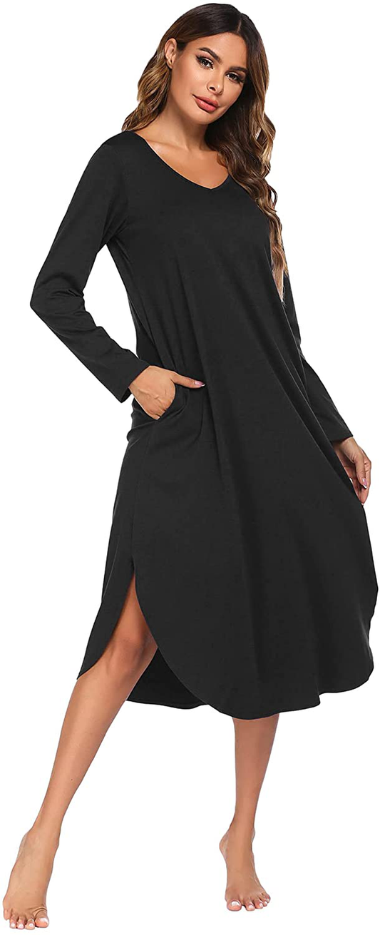 Ekouaer Nightgowns Womens V Neck Nightshirts Long Sleeve Sleepwear plus Size Night Wear S-XXL Apparel & Accessories > Clothing > Sleepwear & Loungewear > Nightgowns Kylie Max   