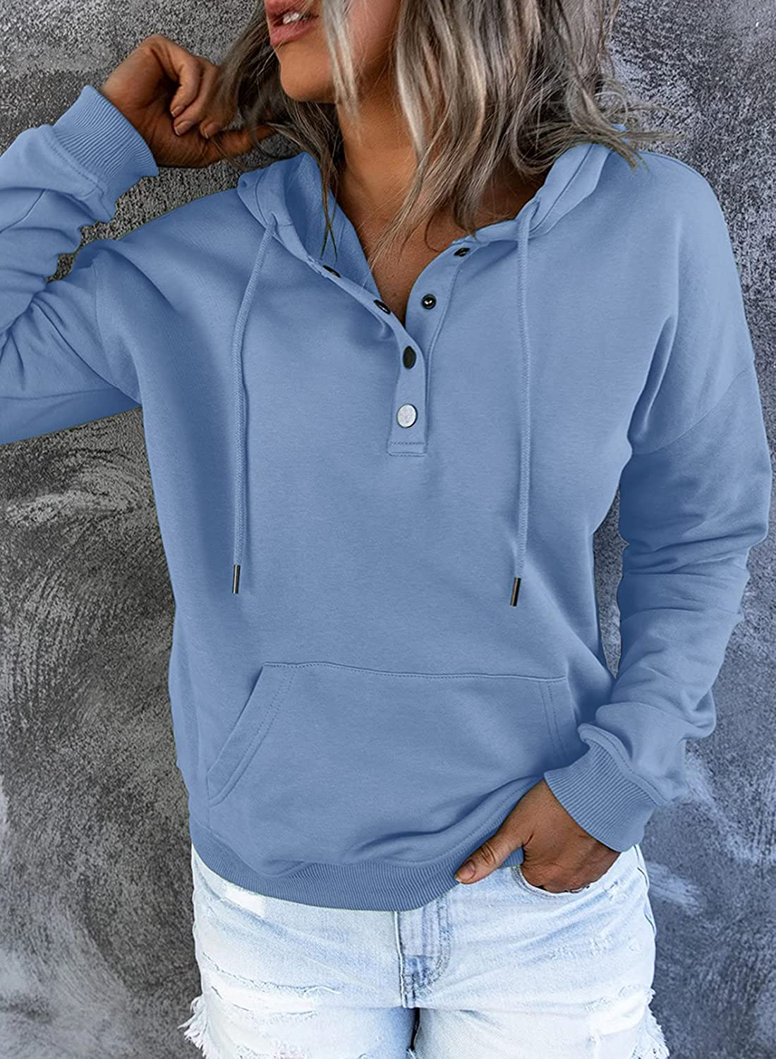 Dokotoo Womens Casual Button Collar Drawstring Long Sleeve Hoodies Pullover Sweatshirts Hooded Tops Apparel & Accessories > Clothing > Activewear Kylie Max   