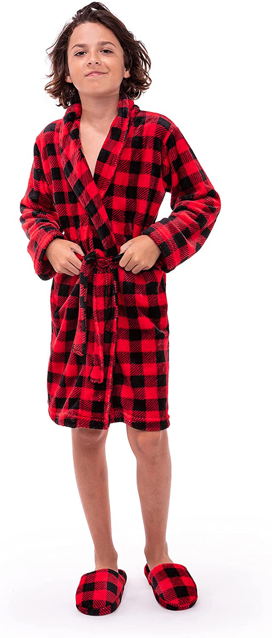 Sleep on It Boys 2-Piece Fleece Robe Set Shawl Collar Belted Bath-Robes with Matching Slippers Youth Sleepwear Apparel & Accessories > Clothing > Sleepwear & Loungewear > Robes Kylie Max   