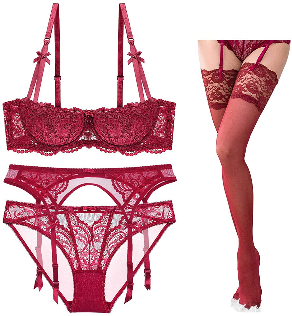 Women Push up Bras Set Lace Lingerie Bra Panties Garter Stocking 4Pcs/Lot Apparel & Accessories > Clothing > Underwear & Socks > Lingerie Varsbaby   