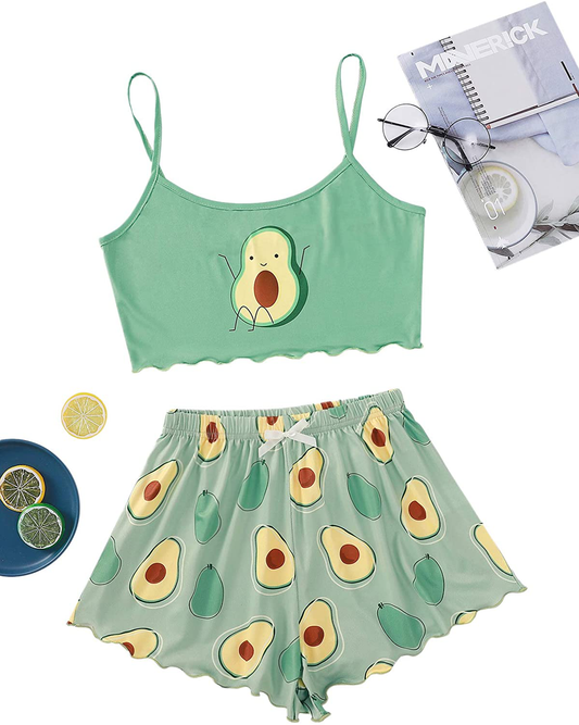 ROMWE Women'S 2 Piece PJ Set Avocado Print Crop Cami Top and Shorts Pajama Set Loungewear Apparel & Accessories > Clothing > Sleepwear & Loungewear Kylie Max   