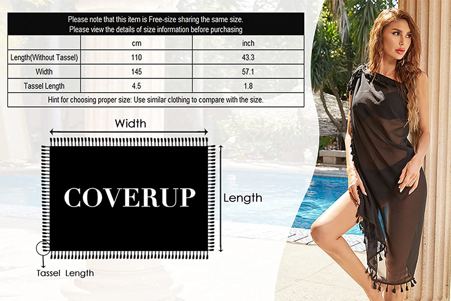 Ekouaer Women Sarong Chiffon Beach Wraps Sheer Swimsuit Cover Ups Sexy Bikini Long Skirts with Tassels Apparel & Accessories > Clothing > Swimwear Kylie Max   