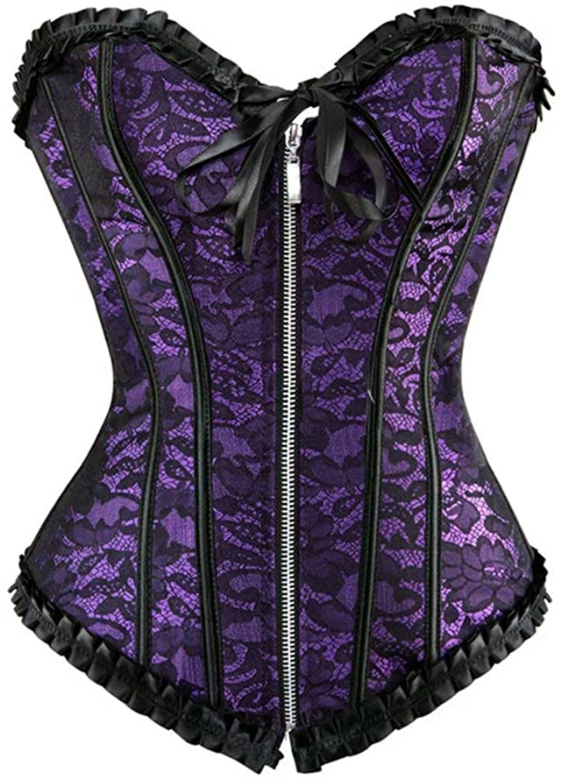 Corset Top Bustier Women'S Overbust Satin Floral Lace up Trim plus Size Bodyshaper Apparel & Accessories > Clothing > Underwear & Socks > Lingerie jutrisujo 2805apurple 4X-Large 