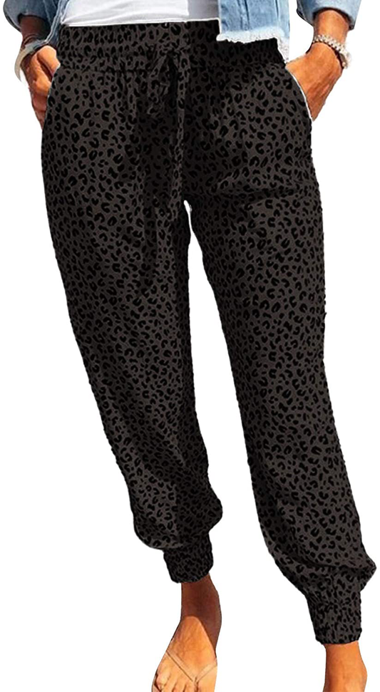 ROSKIKI Womens Leopard Drawstring Elastic Waist Sports Lounge Pants with Pockets Apparel & Accessories > Clothing > Activewear Kylie Max   