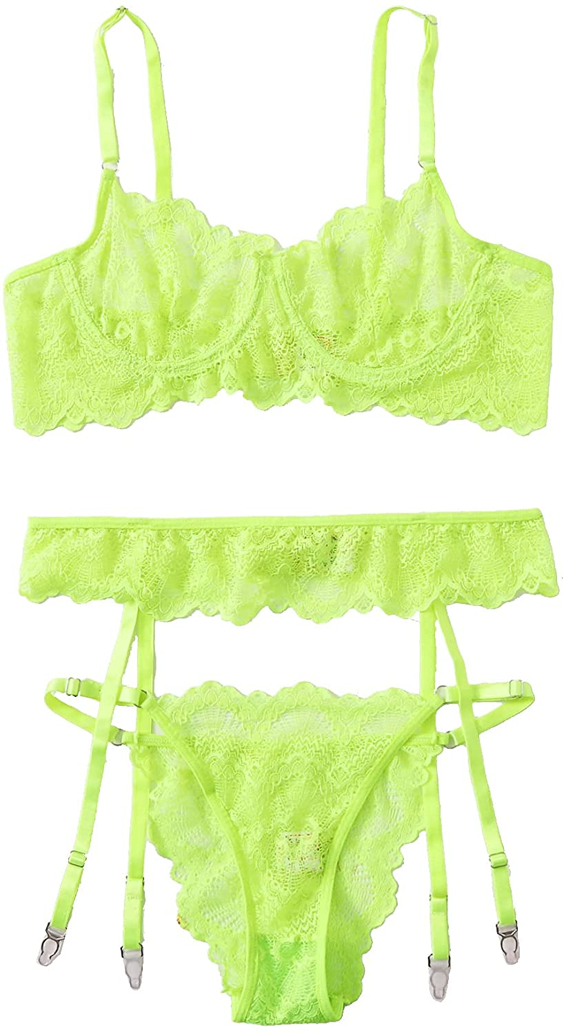 Shein Women'S 3 Piece Floral Lace Lingerie Set with Garter Belts Sexy Bra and Panty Apparel & Accessories > Clothing > Underwear & Socks > Lingerie SheIn Neon Green X-Large 