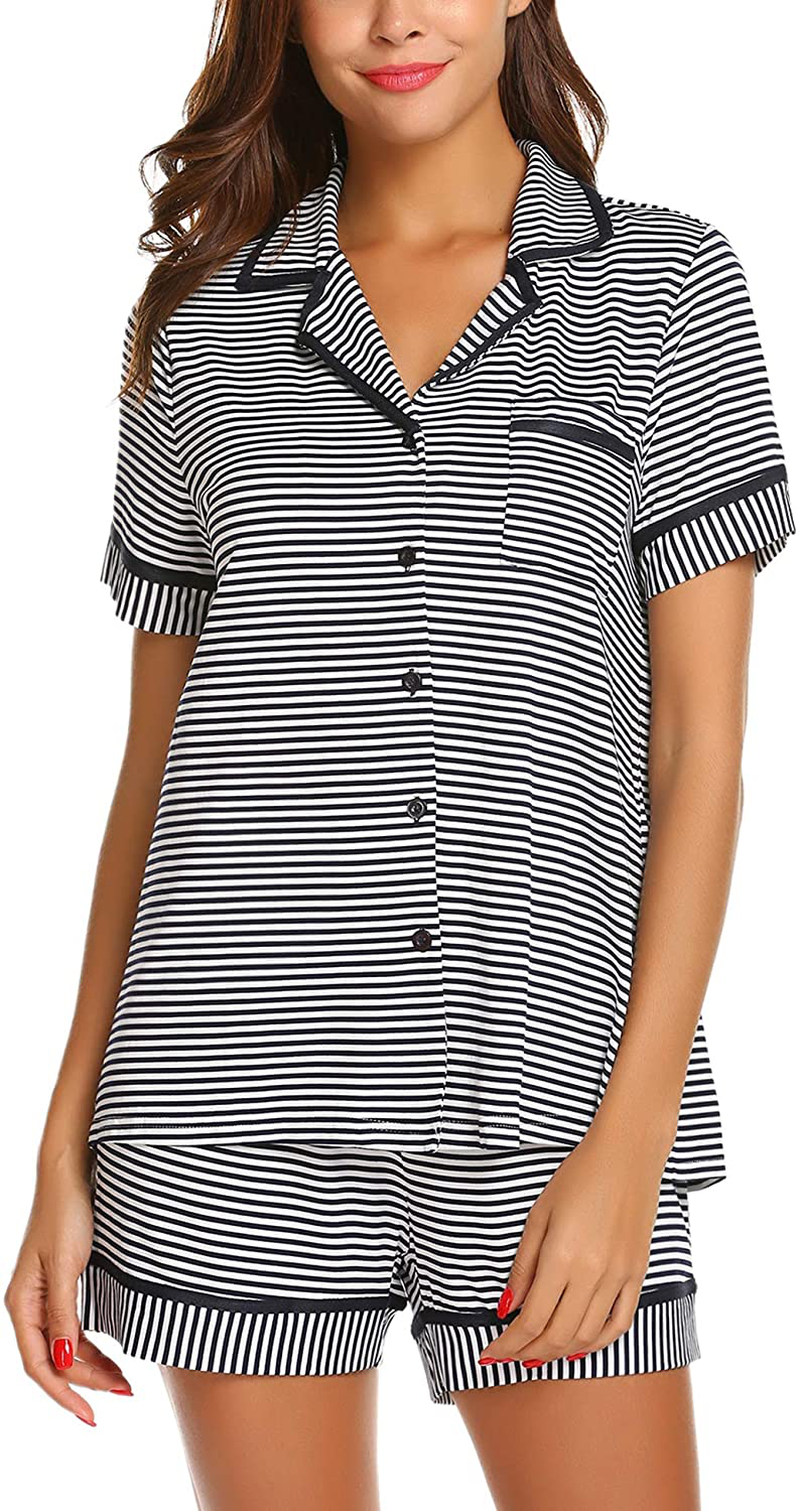 Ekouaer Pajamas Soft Striped Women's Short Sleeve Button Sleepwear Shorts Shirt PJ Set(S-XXL) Apparel & Accessories > Clothing > Sleepwear & Loungewear > Pajamas Ekouaer D-navy Blue Striped X-Large 