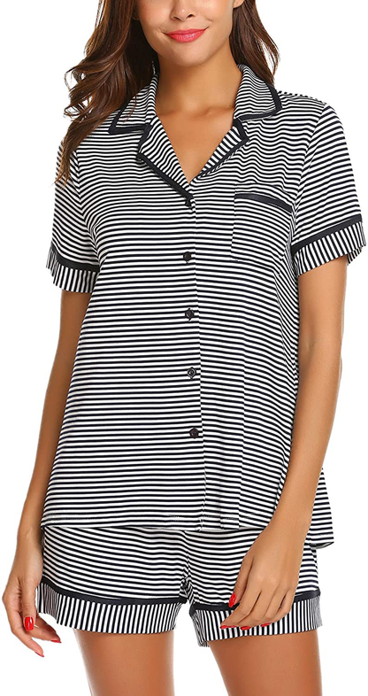 Ekouaer Pajamas Soft Striped Women's Short Sleeve Button Sleepwear Shorts Shirt PJ Set(S-XXL) Apparel & Accessories > Clothing > Sleepwear & Loungewear > Pajamas Ekouaer D-navy Blue Striped X-Large 