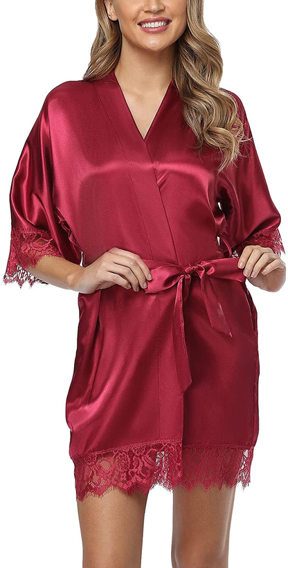 Old-Times Women Satin Short Robes for Bridesmaid Bride Sexy Nightgown Lace Trim Lightweight Bathrobe Apparel & Accessories > Clothing > Sleepwear & Loungewear > Robes Old-Times   