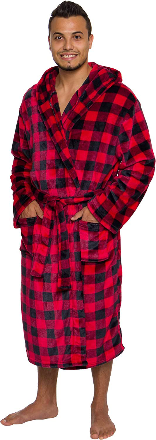 Ross Michaels Mens Robe with Hood - Mid Length - Buffalo Plaid Plush Fleece Bathrobe Apparel & Accessories > Clothing > Sleepwear & Loungewear > Robes Kylie Max   