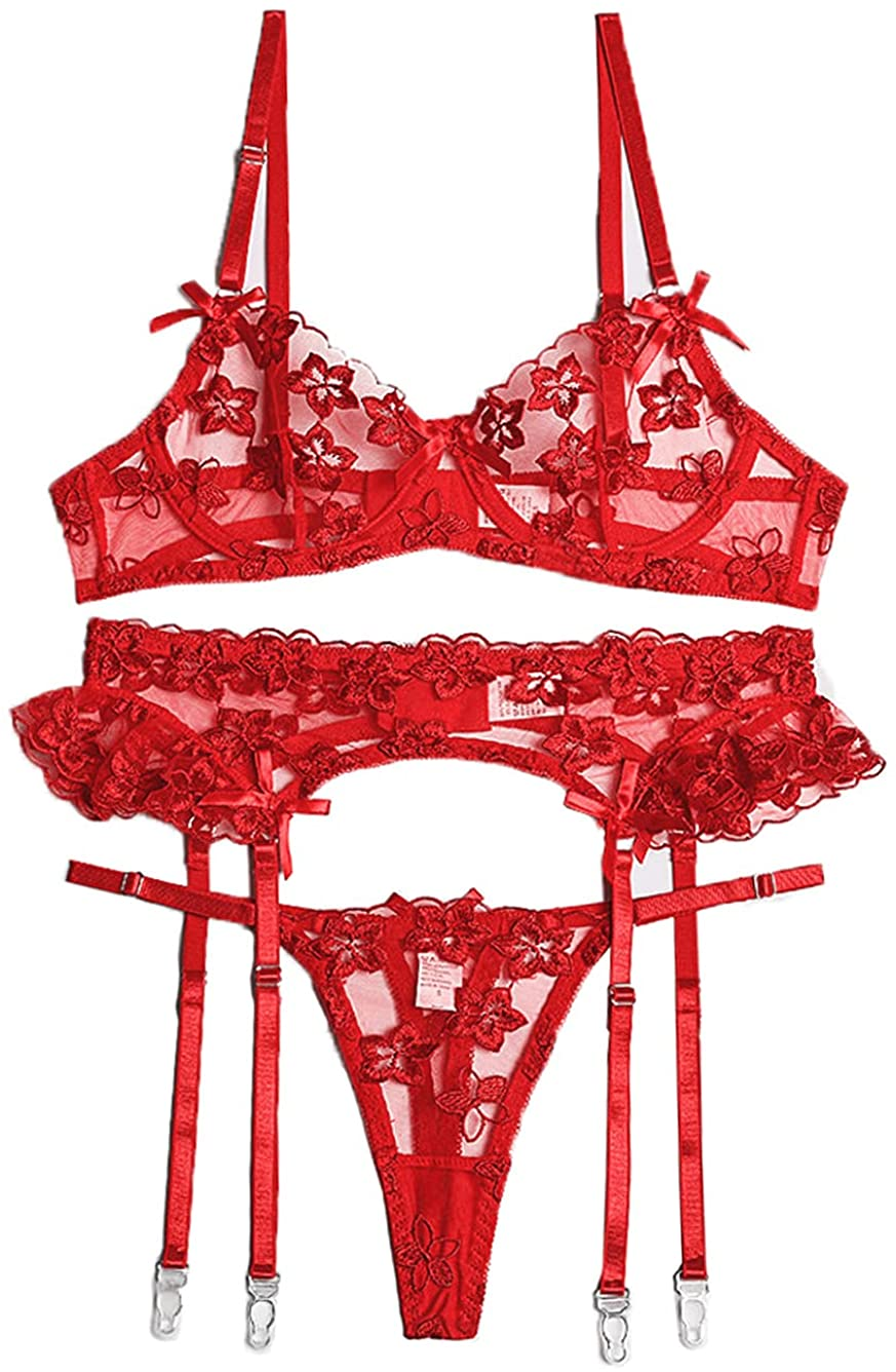 Kaei&Shi Garter Lingerie for Women,Underwire Embroidered Sexy Lingerie,Ruffle 3 Piece Lingerie Set Apparel & Accessories > Clothing > Underwear & Socks > Lingerie Kaei&Shi Red 10-12 