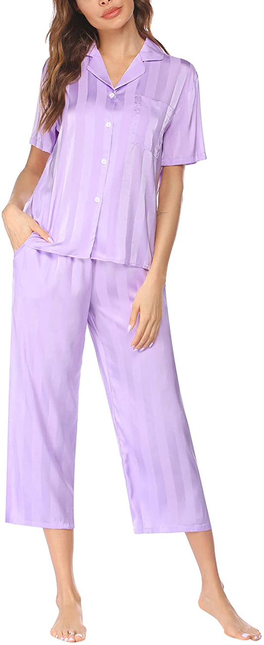 Ekouaer Women Silk Satin Pajamas Button down Lounge Sets Short Sleeve Sleepwear Apparel & Accessories > Clothing > Sleepwear & Loungewear > Pajamas Kylie Max   