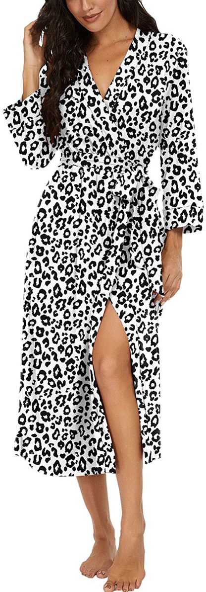 VINTATRE Women Kimono Robes Long Knit Bathrobe Lightweight Soft Knit Sleepwear V-Neck Casual Ladies Loungewear Apparel & Accessories > Clothing > Sleepwear & Loungewear > Robes VINTATRE C08 Fp-leopard White X-Large 