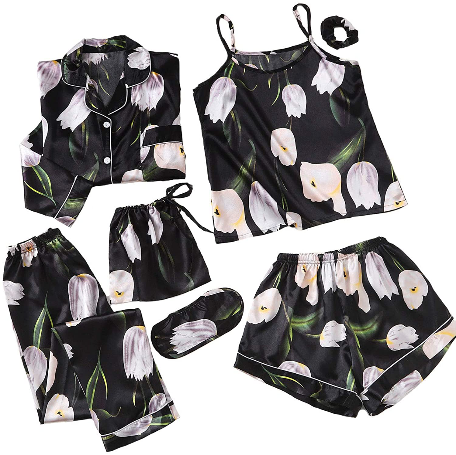 SheIn Women's 7pcs Pajama Set Cami Pjs with Shirt and Eye Mask Apparel & Accessories > Clothing > Sleepwear & Loungewear > Pajamas SheIn Black Tulip Small 