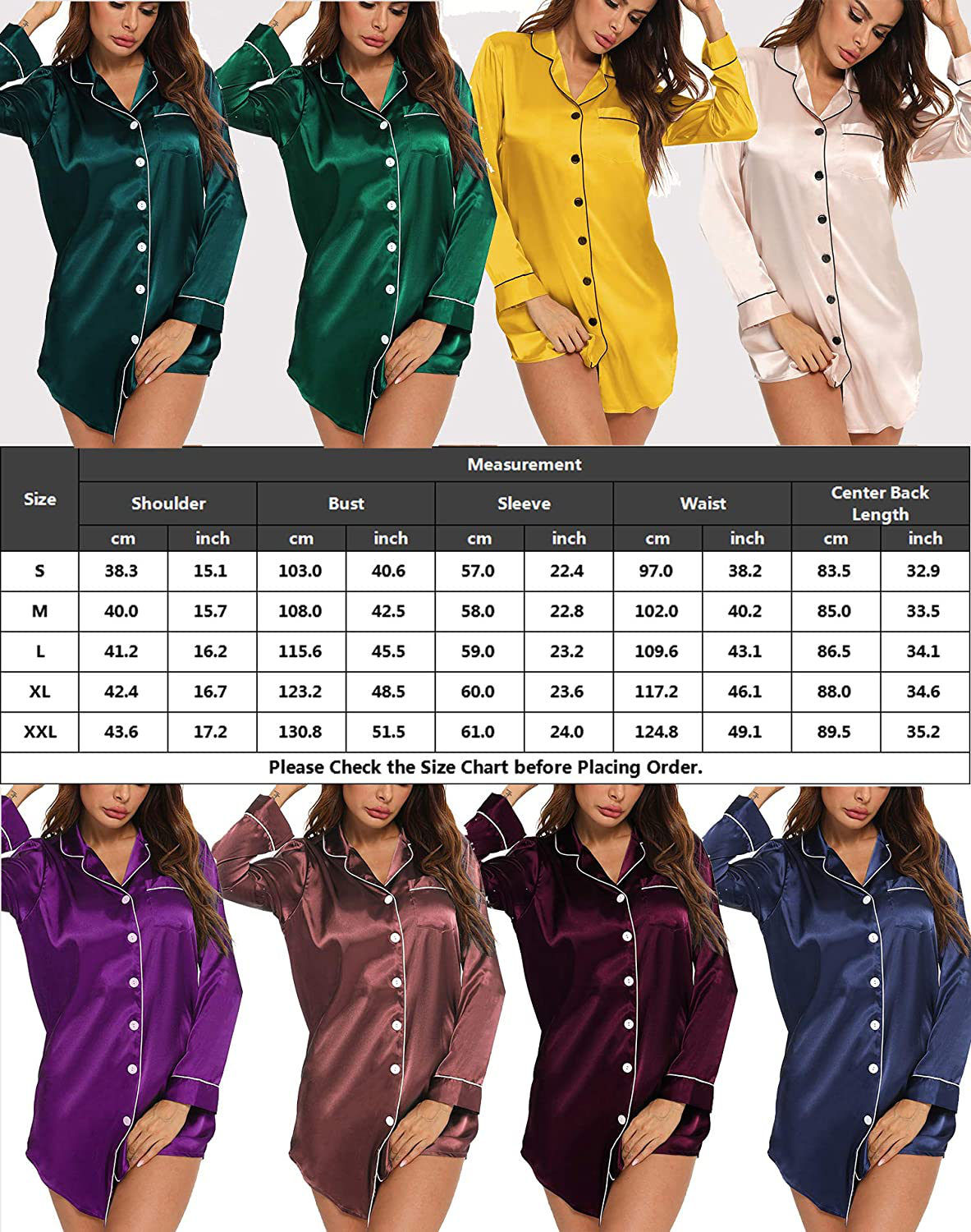 SWOMOG Women'S Satin Sleep Shirt Long Sleeve Sleepwear Silk Nightshirt Button down Pajama Top Apparel & Accessories > Clothing > Sleepwear & Loungewear > Nightgowns Kylie Max   