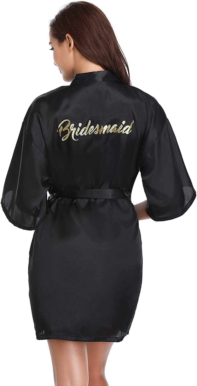 Vlazom Women'S Satin Robe Short Kimono for Bride & Bridesmaid Wedding Party Robes with Gold Glitter or Rhinestones Apparel & Accessories > Clothing > Sleepwear & Loungewear > Robes KYLIE MAX Black for Bridesmaid Large 