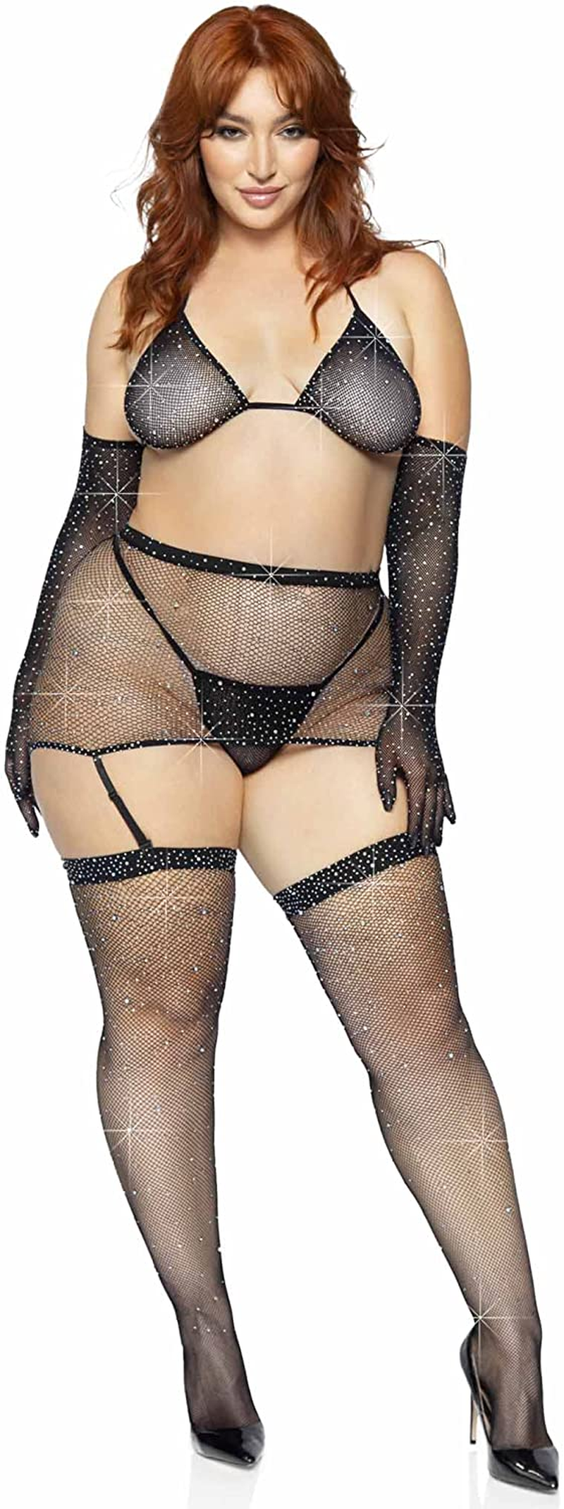 Leg Avenue Womens 5 Pc Rhinestone Fishnet Garter Skirt Set with Bikini Top, G-String, Gloves, and Matching Stockings Apparel & Accessories > Clothing > Underwear & Socks > Lingerie Leg Avenue Black One Size 
