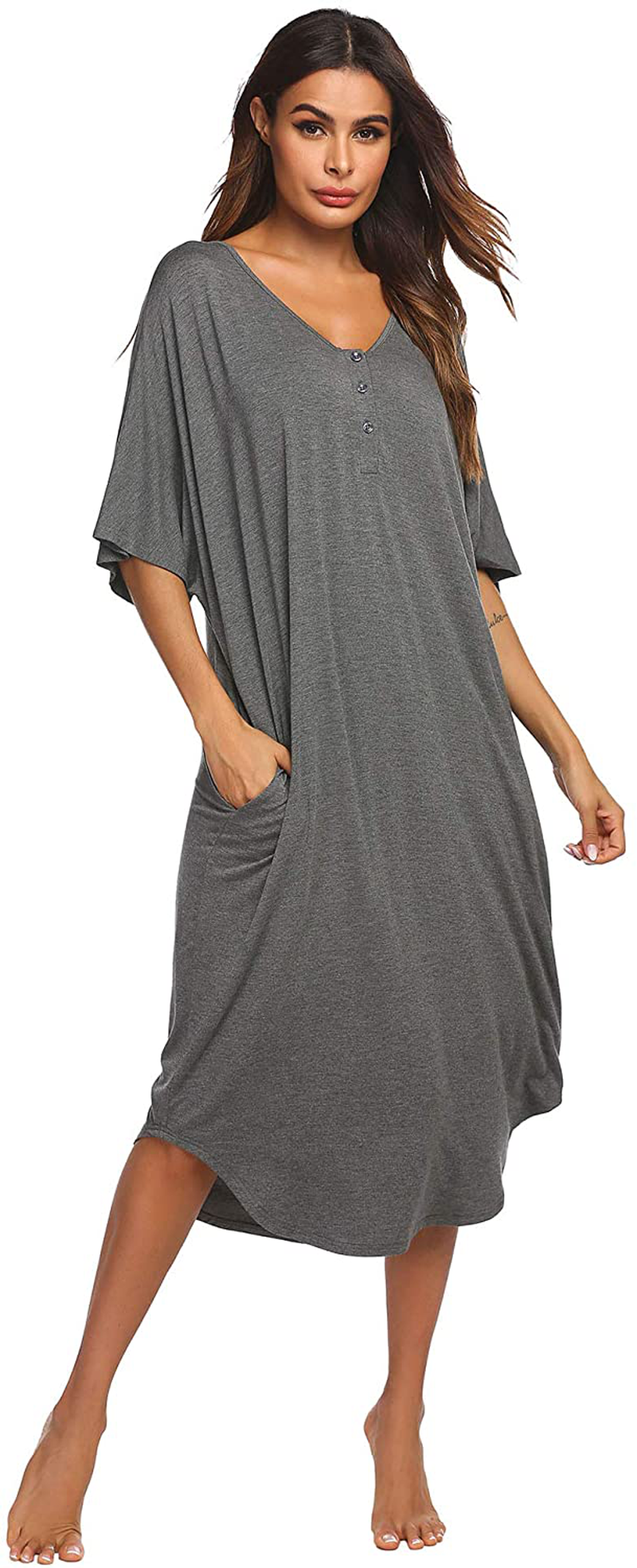 Ekouaer Nightgowns for Women Button-Down Sleepwear Short Sleeve Nightshirt plus Size Night Wear S-XXL Apparel & Accessories > Clothing > Sleepwear & Loungewear > Nightgowns Kylie Max   