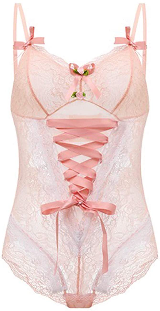 Lolita Lingerie Anime Pink Roses Lace Corset Teddies Romper Jumpsuit See Through Bodysuit for Women Apparel & Accessories > Clothing > Underwear & Socks > Lingerie Carinaca M(Waist25-36in)  