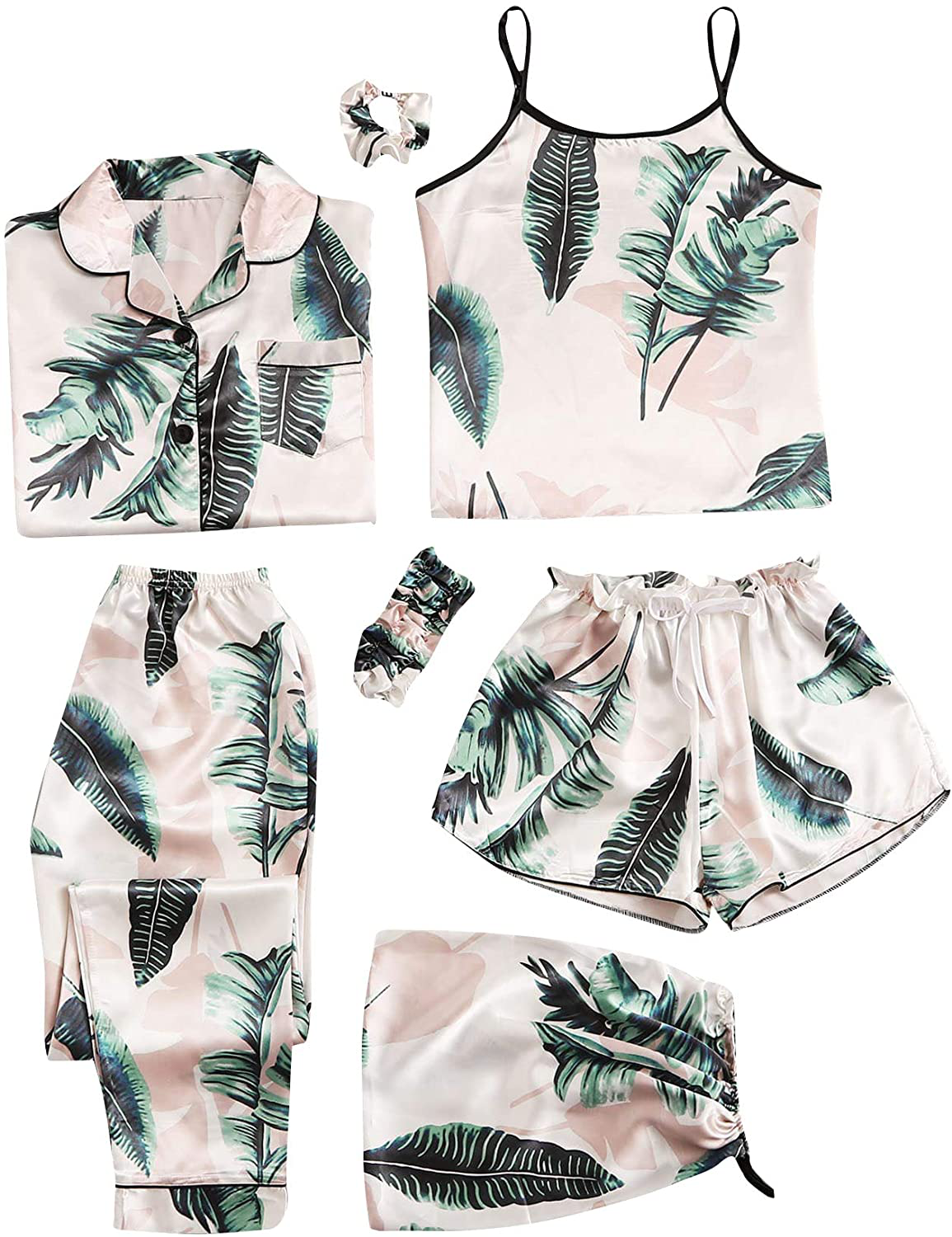SheIn Women's 7pcs Pajama Set Cami Pjs with Shirt and Eye Mask Apparel & Accessories > Clothing > Sleepwear & Loungewear > Pajamas SheIn Pink and Green Medium 