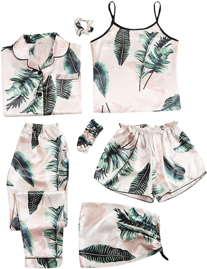 SheIn Women's 7pcs Pajama Set Cami Pjs with Shirt and Eye Mask Apparel & Accessories > Clothing > Sleepwear & Loungewear > Pajamas SheIn Pink and Green Medium 
