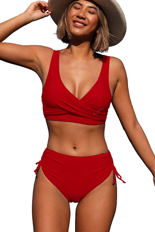 Beachsissi High Waisted Bikini Twist Front Tie Back 2 Piece Swimsuit Solid Color Apparel & Accessories > Clothing > Swimwear Beachsissi Red Large 