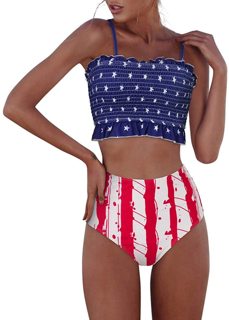 RXRXCOCO Womens Shirred Bandeau Bikini Cute Two Piece Swimsuit Off Shoulder High Waist Bathing Suit Apparel & Accessories > Clothing > Swimwear RXRXCOCO   