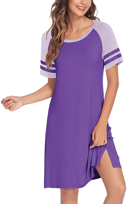 Hotouch Nightshirts Womens Nightgowns Raglan Striped Short Sleeve Sleepwear Comfy Sleepshirt S-XXL Apparel & Accessories > Clothing > Sleepwear & Loungewear > Nightgowns Kylie Max   
