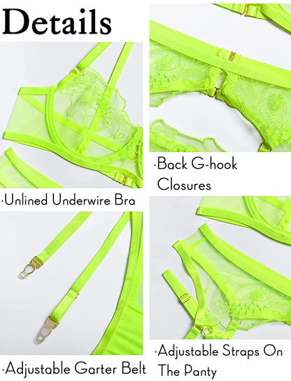 Kaei&Shi Embroidered Mesh Sheer,Underwire Cutout,High Cut Thong,Belt Garter Lingerie Set Apparel & Accessories > Clothing > Underwear & Socks > Lingerie Kaei&Shi   