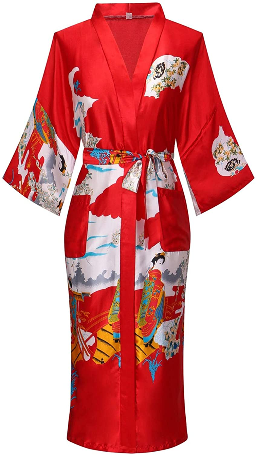 Women'S Floral/Patterned Silky Kimono Robes Long Satin Bathrobes Sleepwear Loungewear Apparel & Accessories > Clothing > Sleepwear & Loungewear > Robes MissNina Red Medium 