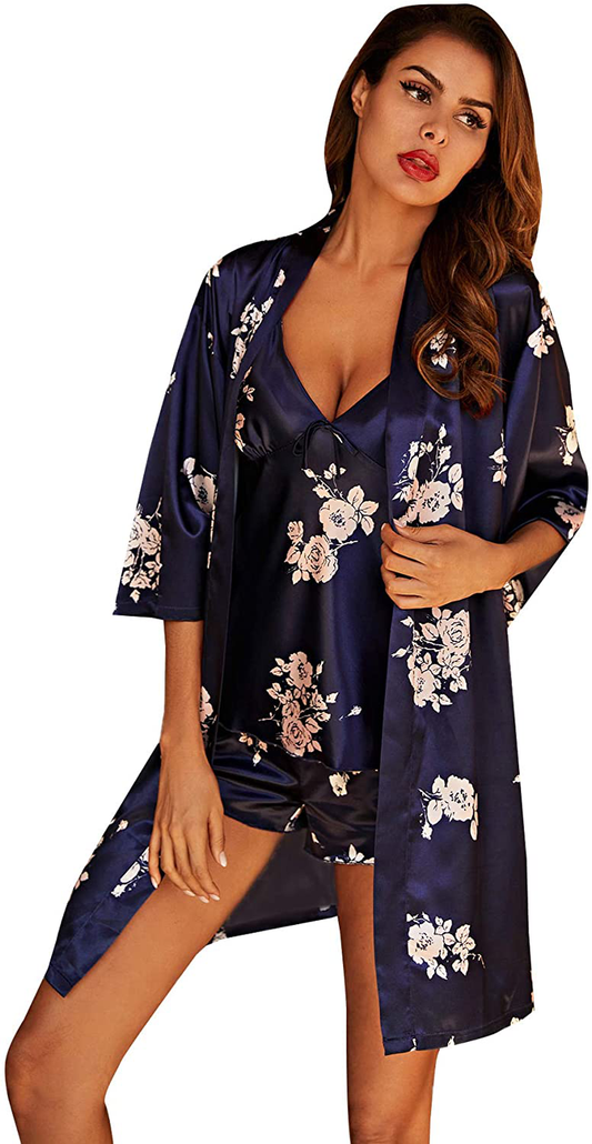 SOLY HUX Women'S Sleepwear 4Pcs Floral Print Satin Cami Pajama Set with Robe Apparel & Accessories > Clothing > Sleepwear & Loungewear Kylie Max   