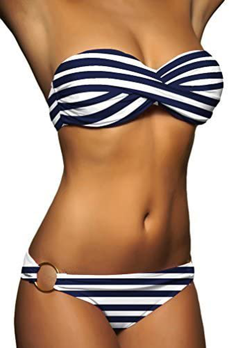 Imilan Twist Bandeau Bikini Set Swimwear Swimsuit for Women Apparel & Accessories > Clothing > Swimwear Imilan Royal Stripe Medium 