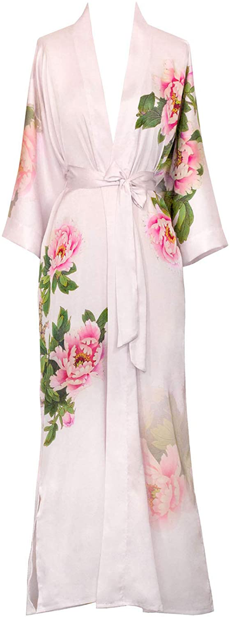 KIM+ONO Women'S Charmeuse Kimono Robe Long - Watercolor Floral Apparel & Accessories > Clothing > Sleepwear & Loungewear > Robes KIM+ONO Peony & Bird - Pink  