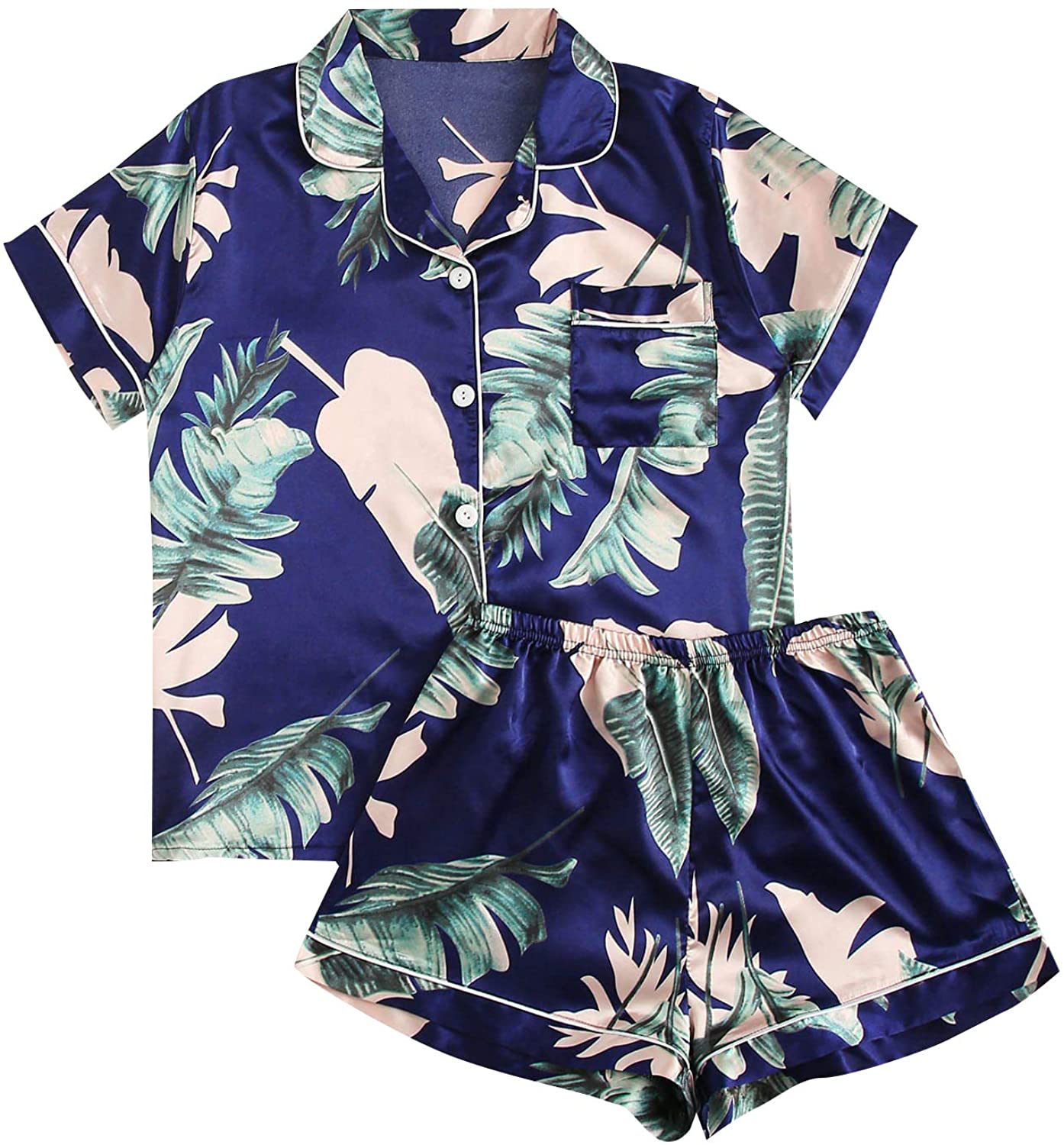 Floerns Women's Notch Collar Palm Leaf Print Sleepwear Two Piece Pajama Set Apparel & Accessories > Clothing > Sleepwear & Loungewear > Pajamas Floerns Dark Blue Large 