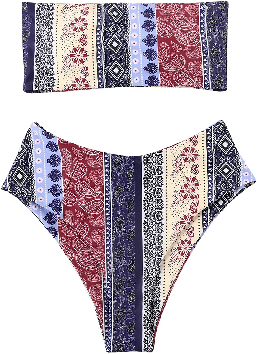 OMKAGI Women's 2 Pieces Bandeau Bikini Swimsuits Off Shoulder High Waist Bathing Suit High Cut Apparel & Accessories > Clothing > Swimwear OMKAGI Muticolor Small 