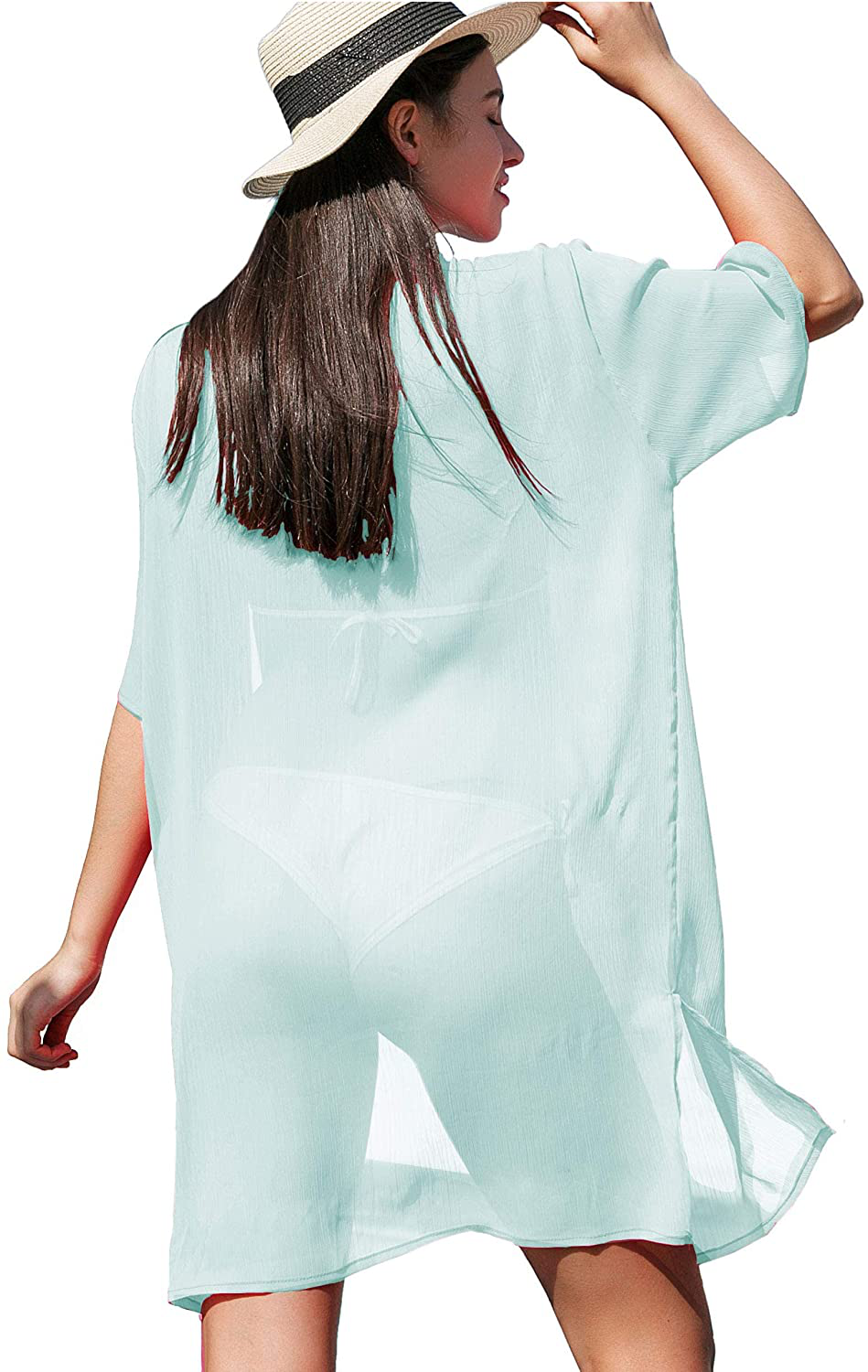LA CARRIE Women'S Chiffon Kimono Cardigan Cover up with Half Sleeve Summer Sheer Beachwear Swimsuit for Bikini Apparel & Accessories > Clothing > Swimwear Kylie Max   