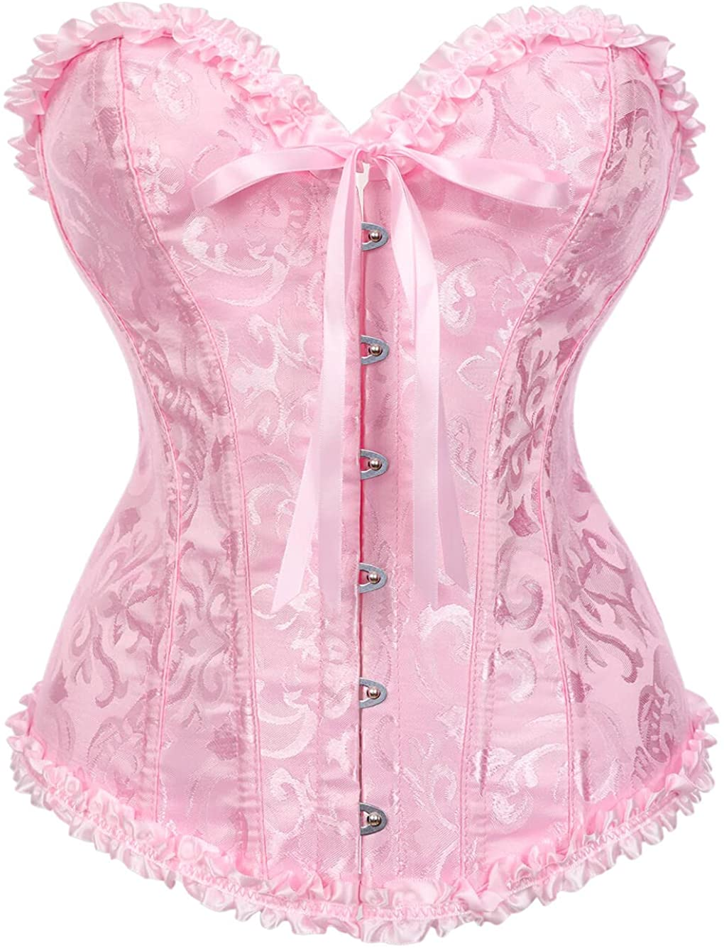 Women'S Lacing Corset Top Satin Floral Boned Overbust Body Shaper Bustier Apparel & Accessories > Clothing > Underwear & Socks > Lingerie SHYMMUO Pink Large 