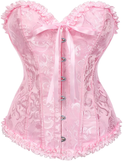 Women'S Lacing Corset Top Satin Floral Boned Overbust Body Shaper Bustier Apparel & Accessories > Clothing > Underwear & Socks > Lingerie SHYMMUO Pink Large 