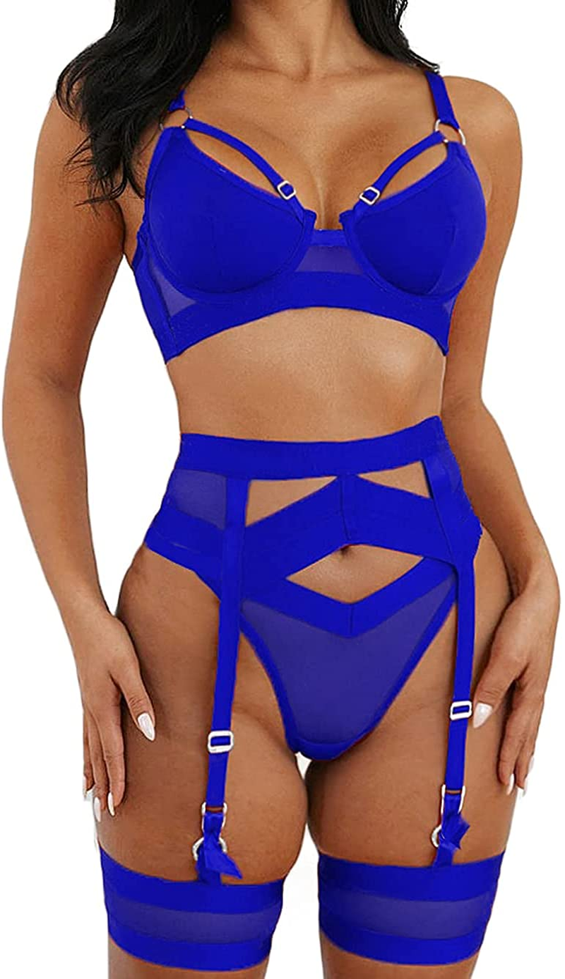 Garter Lingerie for Women,Sexy Lace Lingerie,Sheer Matching 4 Piece Lingerie Set Apparel & Accessories > Clothing > Underwear & Socks > Lingerie Kaei&Shi Royal Blue 12 