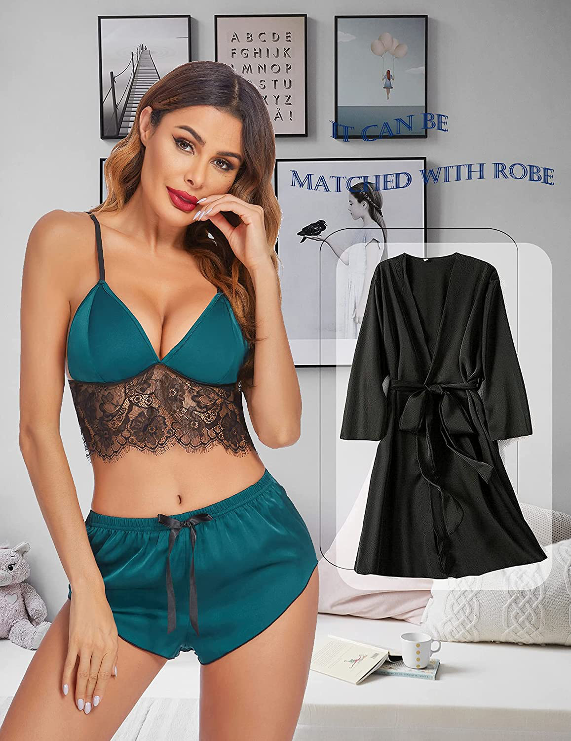 Avidlove Satin Pajama Lingerie Lace Cami Top with Shorts Sexy 2 Piece Sleepwear Apparel & Accessories > Clothing > Sleepwear & Loungewear Kylie Max   