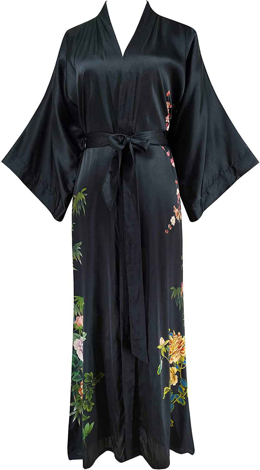 Ledamon Women'S 100% Silk Kimono Long Robe - Classic Colors and Prints Apparel & Accessories > Clothing > Sleepwear & Loungewear > Robes Ledamon Black-2  