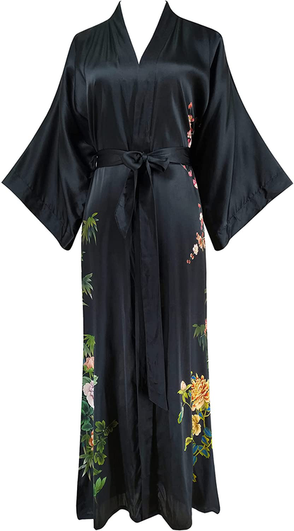Ledamon Women'S 100% Silk Kimono Long Robe - Classic Colors and Prints Apparel & Accessories > Clothing > Sleepwear & Loungewear > Robes Ledamon Black-2  