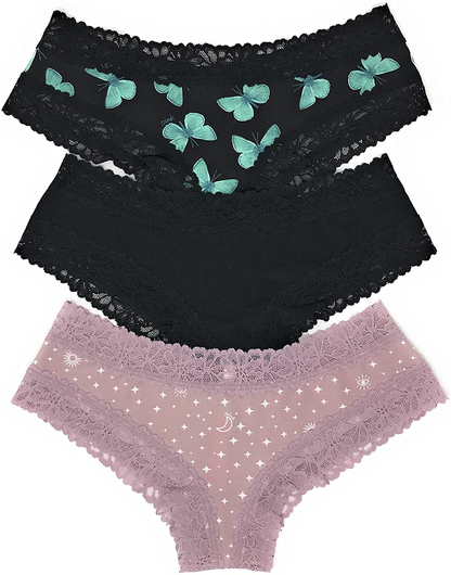 Victoria'S Secret Pink Cheekster Panty Set of 3  Victoria's Secret Lace Trim Butterflies / Black / Mauve Celestial Medium 