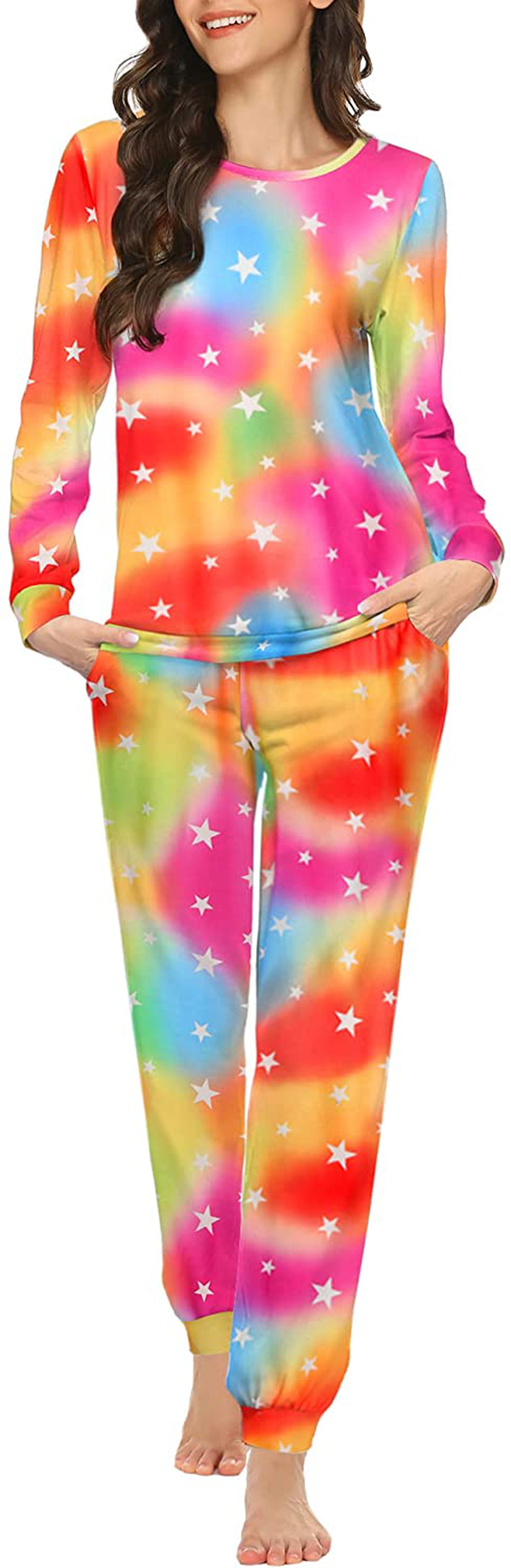 Ekouaer Womens Pajama Set Long Sleeve Sleepwear Star Print Nightwear Soft Pjs Lounge Sets with Pockets Apparel & Accessories > Clothing > Sleepwear & Loungewear > Pajamas Ekouaer A-yellow Rainbow White Star Medium 