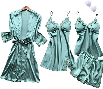 SAPJON Women'S 4Pcs Silk Satin Pajama Set Sexy Cami Top Nightgown Lace Sleepwear Robe Sets Nightdress with Chest Pads Apparel & Accessories > Clothing > Sleepwear & Loungewear Kylie Max   