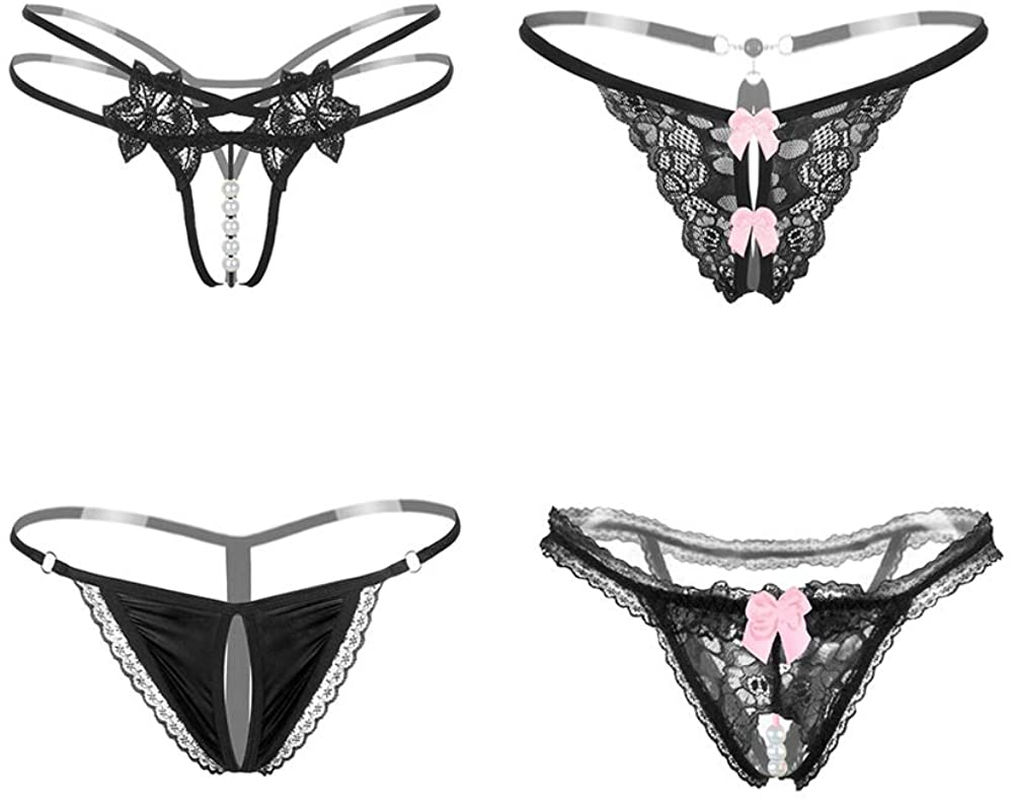 Nightaste Women'S Floral Lace Lingerie Thong Panties 4 Pack Bow-Knot G-String T-Back Underwear Apparel & Accessories > Clothing > Underwear & Socks > Underwear Nightaste 4 Blacks Medium 