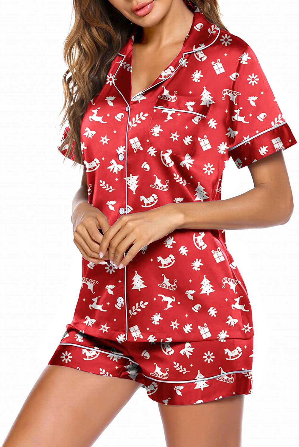 Ekouaer Satin Pajamas Women'S Short Sleeve Sleepwear Soft Silk Button down Loungewear Pjs Shorts Set S-XXL Apparel & Accessories > Clothing > Sleepwear & Loungewear Kylie Max   