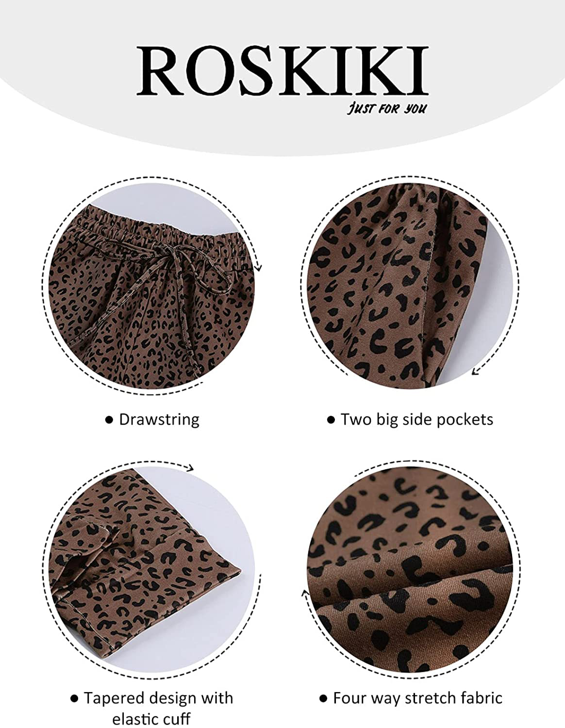 ROSKIKI Womens Leopard Drawstring Elastic Waist Sports Lounge Pants with Pockets Apparel & Accessories > Clothing > Activewear Kylie Max   