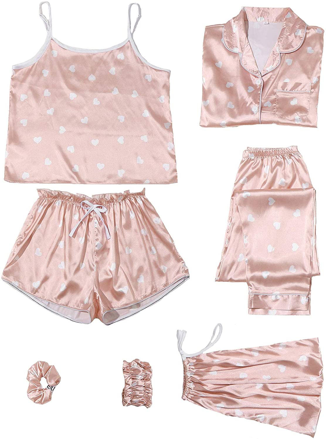 SheIn Women's 7pcs Pajama Set Cami Pjs with Shirt and Eye Mask Apparel & Accessories > Clothing > Sleepwear & Loungewear > Pajamas SheIn Pink Heart Small 