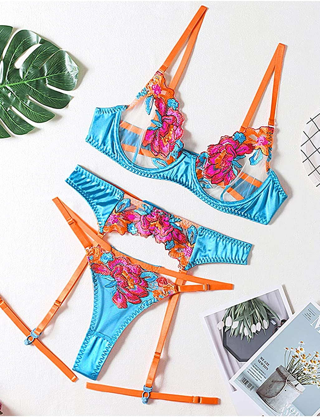 Kaei&Shi Floral Embroidered,Underwire,Thong,Thigh Straps,Garter Belt Lingerie for Women Apparel & Accessories > Clothing > Underwear & Socks > Lingerie Kaei&Shi   